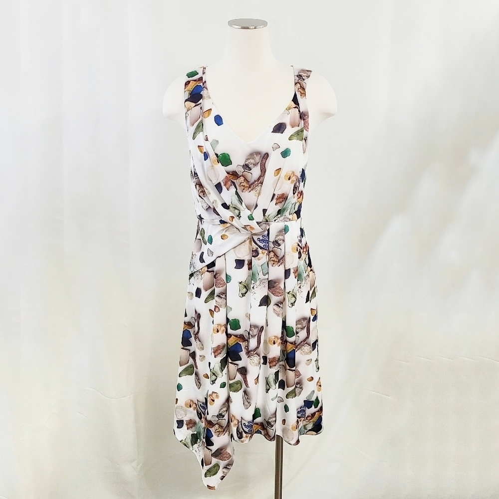 Anthro Meadow Rue beach treasures dress ivory satin rocks print asymmetrical 6